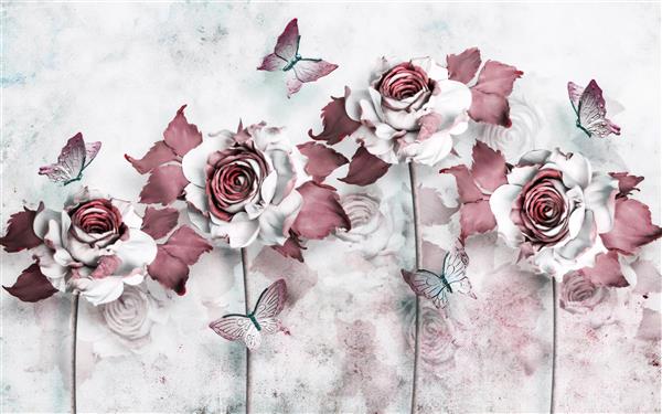 طرح کاغذ دیواری سه بعدی با گل ها و پروانه های گویا برای چاپ دیواری