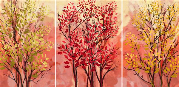 مجموعه ای از نقاشی های رنگ روغن طراحان دکوراسیون داخلی هنر انتزاعی مدرن روی بوم مجموعه ای از تصاویر درختانی با برگ های قرمز