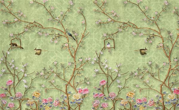 طرح کاغذ دیواری سه بعدی با شاخه های کشور انگلیسی و گل و پرنده برای چاپ دیواری