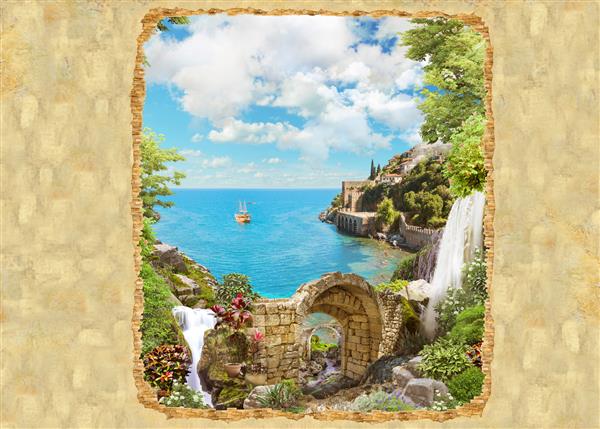 مناظر زیبا از کوه و دریا گلهای لوپین قوس پاننو مدولار نمای دریا از ویرانه های قلعه نقاشی دیواری دیجیتال