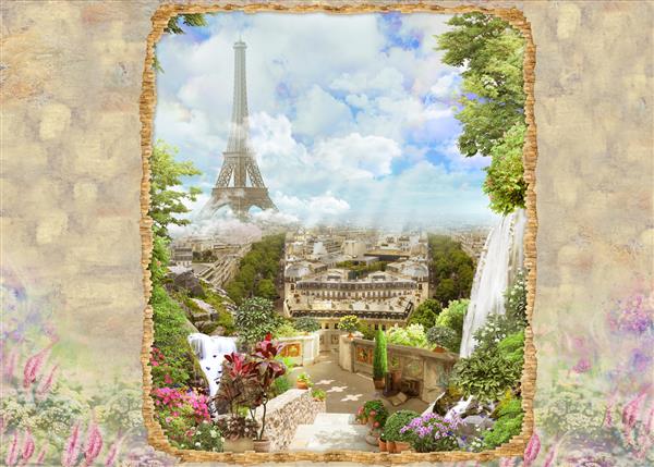 نمای زیبای پاریس از برج ایفل از باغ با آبشار کولاژ دیجیتال نقاشی دیواری و دیواری کاغذ دیواری طراحی پوستر پنل مدولار رندر سه بعدی