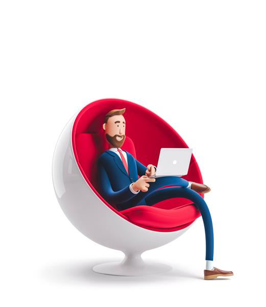 شخصیت کارتونی خوش تیپ بیلی روی صندلی تخم مرغی با لپ تاپ نشسته است تصویر سه بعدی
