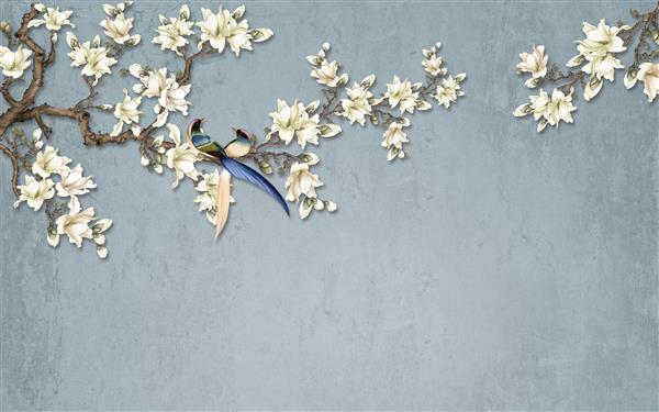 کاغذ دیواری سه بعدی گل سفید با پرنده نشسته شکوفه بر روی شاخه درخت