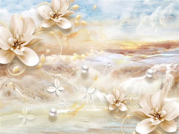 تصویر سه بعدی پس‌زمینه مرمر گل‌های ماگنولیا بژ بزرگ مرواریدهای سفید پروانه‌های کاغذی سفید