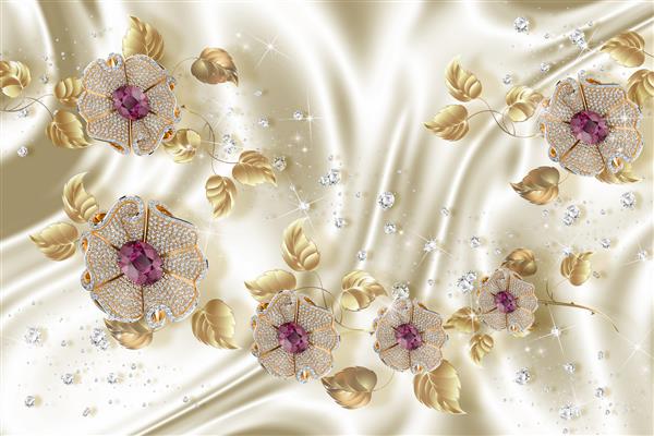 کاغذ دیواری سه بعدی گل های جواهرات در زمینه ابریشم پس زمینه سه بعدی جشن