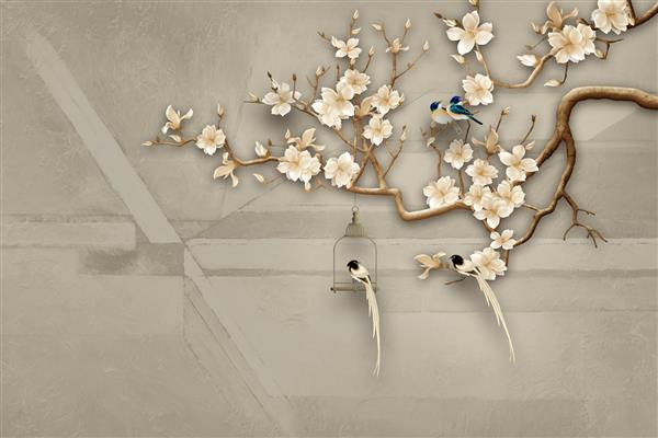 شاخه درخت گل سفید با نقاشی دیواری سه بعدی پرنده