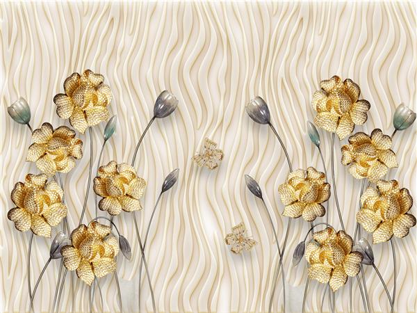 تصویر سه بعدی مهر زدن امواج پس‌زمینه بژ گل‌های طلایی و خاکستری