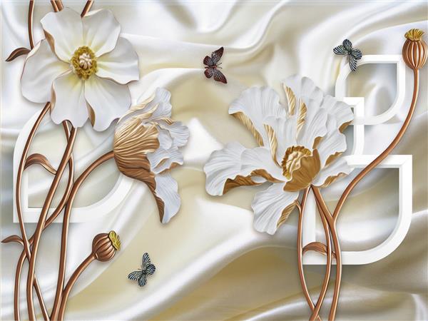 تصویر سه بعدی پس زمینه ابریشم سفید گل های سفید بزرگ روی ساقه های قهوه ای پروانه های رنگارنگ
