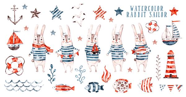 ست دریانوردی بچه خرگوش آبرنگ دریایی ست دریانوردی مهد کودک مجموعه شخصیت های کودکانه زیبا تصویر آکواریل عناصر دریایی شناور نجات لنگر موج ماهی فانوس دریایی
