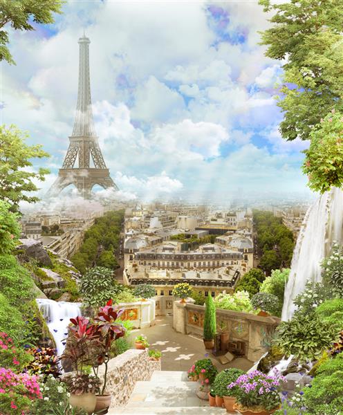 نمای زیبای پاریس از برج ایفل از باغ با یک آبشار کولاژ دیجیتال نقاشی دیواری و نقاشی دیواری کاغذ دیواری طراحی پوستر پاننو مدولار