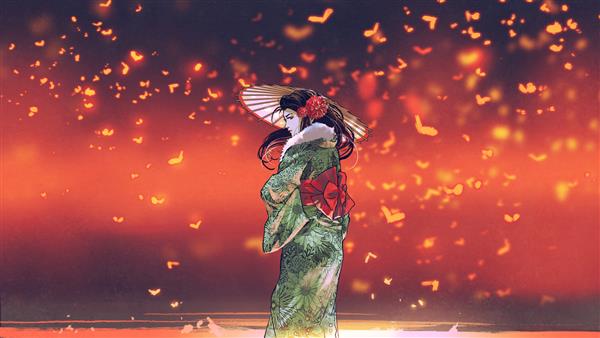 دختر جوان آسیایی با لباس‌های سنتی ژاپنی چتر ایستاده در مقابل مکان فانتزی با حشرات درخشان در حال پرواز سبک هنر دیجیتال نقاشی مصور