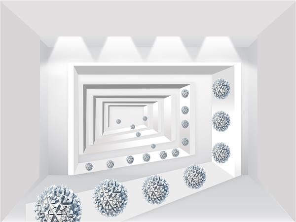 تصویر سه بعدی تونل زاویه ای خاکستری توپ های راه راه در اطراف محیط