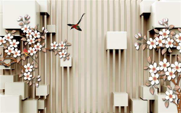 تصویر پس زمینه سه بعدی گل و پرندگان کاغذ دیواری سه بعدی