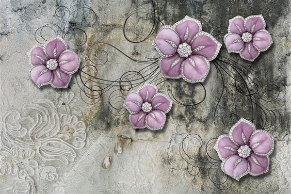 بافت کاغذ دیواری سه بعدی گل های جواهرات توری در پس زمینه دیوار بتنی الگوی کاغذ دیواری گرانج