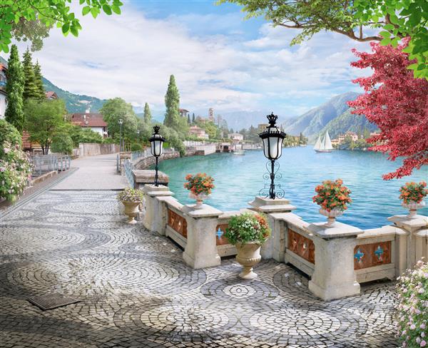 نمایی زیبا از تفرجگاه مشرف به دریا درختان گل ها روز آفتابی خاکریز نقاشی دیواری و تابلو