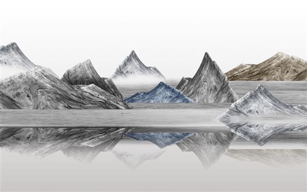 تصویر منظره کوه های چند رنگ در آب صاف منعکس شده است