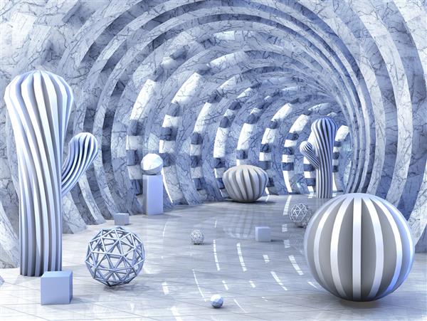 تونل گرد سوراخ شده با نور با توپ های سه بعدی و فرم های خارق العاده