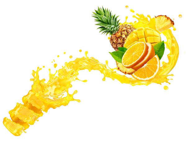 مخلوط سه بعدی مایع آب میوه پرتقال آناناس انبه طرح بنر تبلیغاتی برچسب آبمیوه یا اسموتی سالم با موج پاشش آب میوه های پرتقال آناناس انبه و آبمیوه جدا شده روی سفید