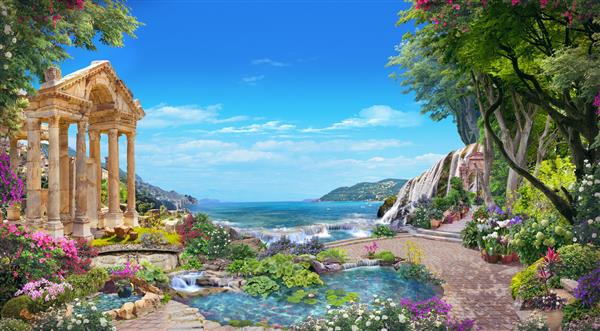 منظره زیبای دریا از باغ رومی با گل و دریاچه کلاژ دیجیتال نقاشی دیواری و نقاشی دیواری کاغذ دیواری طراحی پوستر پاننو مدولار رندر سه بعدی