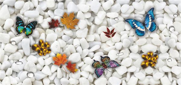 تصویر سه بعدی پروانه ها و برگ های افرا در زمینه سنگ سفید