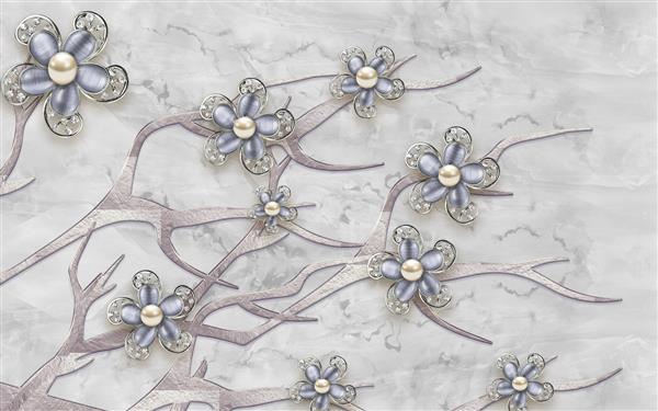 تصویر سه بعدی پس زمینه سنگ مرمر خاکستری گل های شیشه ای خاکستری با کریستال روی شاخه های انتزاعی