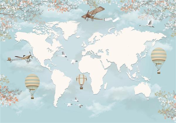 کاغذ دیواری سه بعدی طراحی نقشه جهان با هواپیما بالن هوای گرم در پس زمینه آسمان برای بچه ها