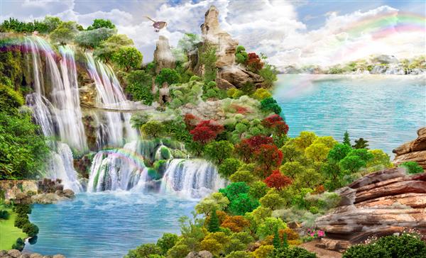 مناظر زیبا از جنگل و دریاچه با آبشار تصویر سه بعدی