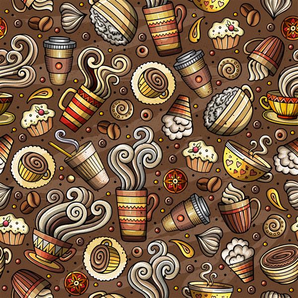 طرح بدون درز قهوه کارتونی کافی شاپ کافه چای شیرینی بسیاری از نمادها اشیاء و عناصر پس زمینه خنده دار کامل