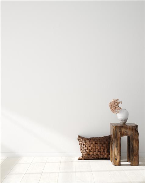 ماکت دیواری در فضای داخلی خانه Scandi boho با مبلمان چرمی مد قدیمی قهوه ای رندر سه بعدی
