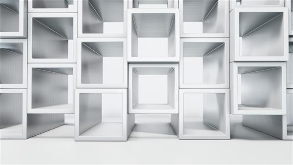 فضای داخلی سفید خالی با قفسه های مکعبی روی دیوار رندر سه بعدی