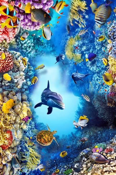 نمای بسیاری از ماهی ها با طرح مرجانی برای کف پایین دیوار پس زمینه پذیرایی یا دکوراسیون پس زمینه تلویزیون رندر سه بعدی