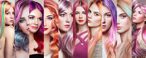 دختران کلاژ مد زیبایی با موهای رنگارنگ چهره زنان دختری با آرایش عالی و مدل موهای صورتی