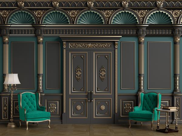صندلی های کلاسیک در فضای داخلی لوکس با فضای کپیدیوارها با قالب های تزئین شده و قرنیز کلاسیکدرب کلاسیکپارکت کفتصویرسازی دیجیتالرندر سه بعدی