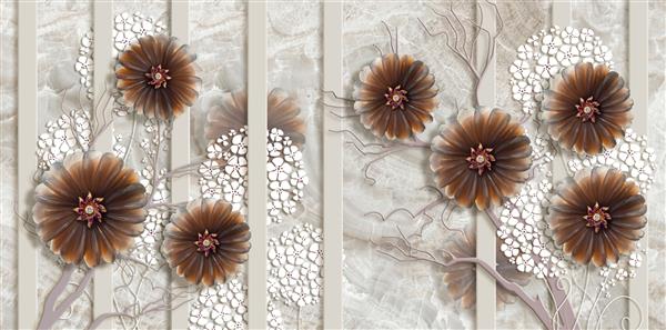 بافت کاغذ دیواری سه بعدی گل های جواهرات پس زمینه سنگ مرمر بژ راه راه های عمودی پس زمینه سه بعدی جشن