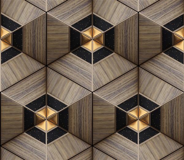 کاغذ دیواری سه بعدی از مثلث های چوبی با عنصر طلایی و مشکی به سبک مدرن مونتاژ شده در شش ضلعی و تزئینات بدون درز بافت واقعی بدون درز با کیفیت بالا
