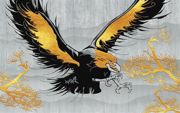 تصویر سه بعدی پس زمینه خاکستری گرانج درختان منحنی طلایی انتزاعی عقاب بزرگ سیاه و طلایی با بال های باز