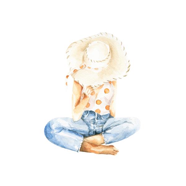 ست آبرنگ پشت دختر مد با کلاه شلوار جین مد روز در ساحل نشسته نقاشی شده با دست تصویر عاشقانه مناسب برای پارچه پارچه کارت عروسی یا دفترچه اسکناس