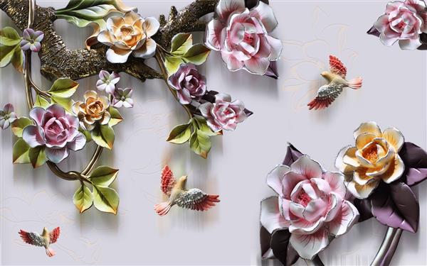 کاغذ دیواری سه بعدی گل گلدان درختی پرنده