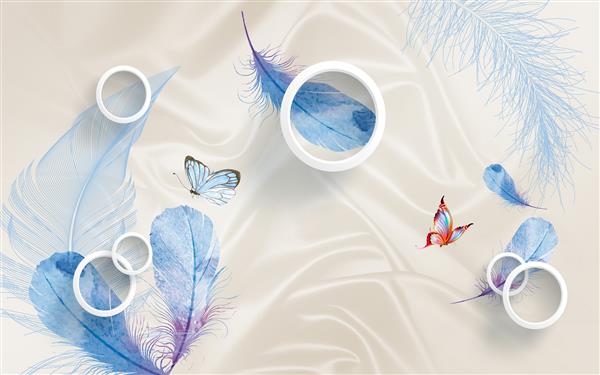 تصویر سه بعدی پس زمینه ابریشمی روشن حلقه های سفید پرهای آبی بزرگ دو پروانه