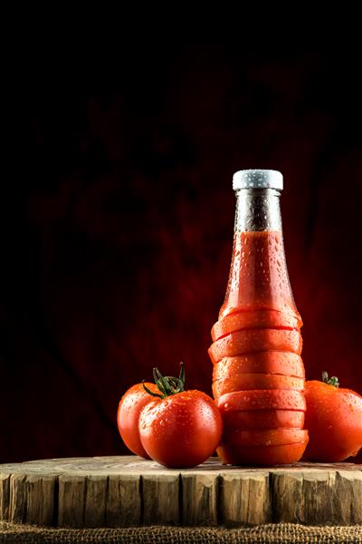 تصاویر مفهومی از گوجه‌فرنگی‌های تازه برش‌شده که با کاشی‌کاری‌شده روی هم به شکل یک بطری سس کچاپ با گوجه‌فرنگی‌های تازه زیادی تزئین شده‌اند و مفهوم تازگی از بطری سس بیرون می‌آید