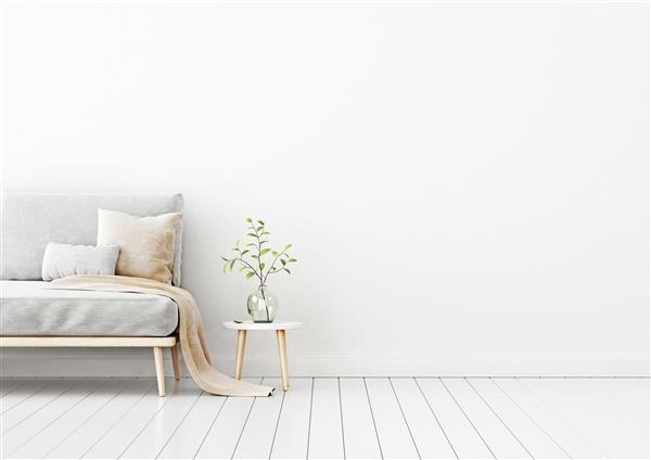 ماکت دیوار داخلی با دیوار سفید خالی مبل خاکستری بالش های بژ و گیاه سبز در گلدان فضای آزاد در سمت راست رندر سه بعدی تصویرسازی