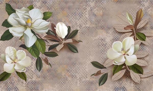 نقاشی دیواری کاغذ دیواری کارت پستال گل روی زمینه طرح دار قهوه ای ماگنولیا یاس برگ گل های نقاشی شده