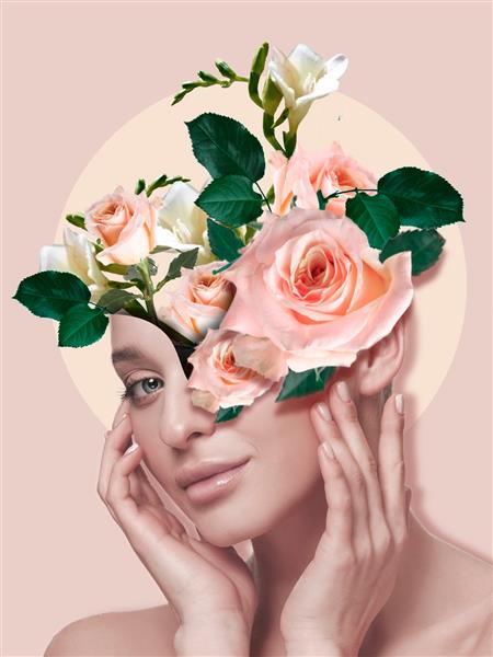 پرتره زن زیبا با طراحی مدرن گل آثار هنری الهام گرفته شده زیبایی مد و مفهوم تبلیغات ظاهری شیک و امروزی گل های ریز و لطیف بهار زیبایی شکوفا