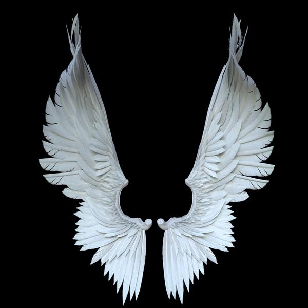 بال‌های فرشته فانتزی سفید رندر شده سه‌بعدی جدا شده روی پس‌زمینه سیاه تصویر سه‌بعدی