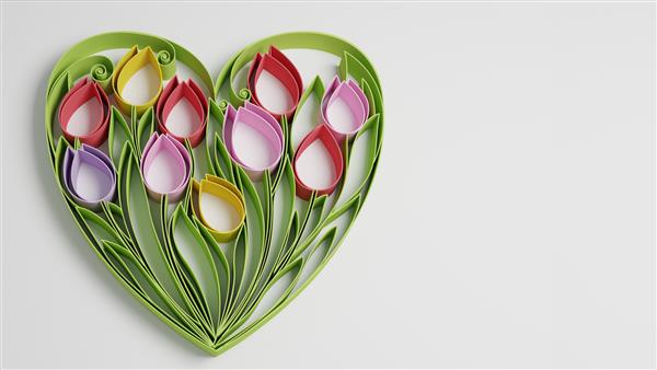 کویلینگ کاغذی گل لاله به شکل قلب روی رنگ سفید هنر رندر سه بعدی