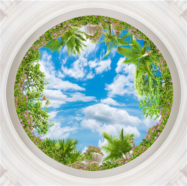 شاخه های سبز در پس زمینه آسمان تابستان سقف هنری کاغذ دیواری سه بعدی نگاه کنید نقاشی دیواری دیجیتال رندر سه بعدی