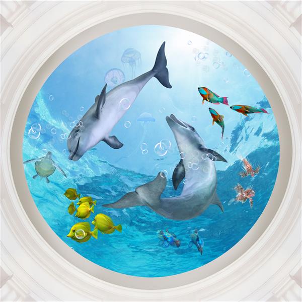 دلفین زیر آب شنا می کند رندر سه بعدی سقف هنری