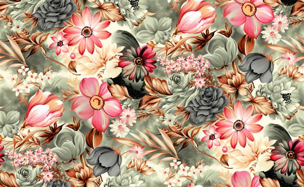 گل پرنعمت رنگارنگ آبرنگ انتزاعی زیبا با الگوی تابستانی باغچه ای با دسته گل بر روی الگوی پس زمینه گل