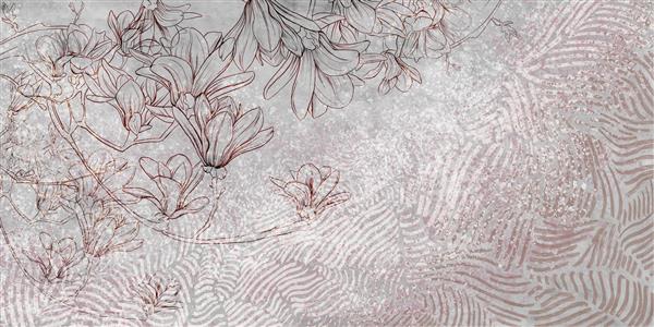 پس زمینه گل روی دیوار خاکستری گل های کشیده شده بر روی زمینه بتنی نقاشی دیواری با گل ماگنولیا و هندسه طراحی برای نقاشی دیواری کارت پستال کاغذ دیواری کاغذ دیواری عکس