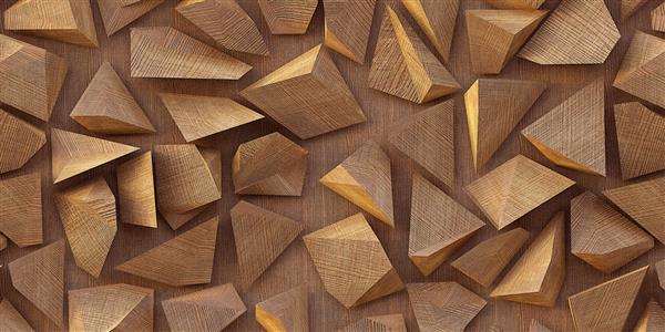 تصویر سه بعدی مثلث های چوبی روی پس زمینه چوب پس زمینه کم پلی انتزاعی پس زمینه اشکال چند ضلعی موزاییک مثلثی کم شکل هندسی با بافت چوب ارائه دادن